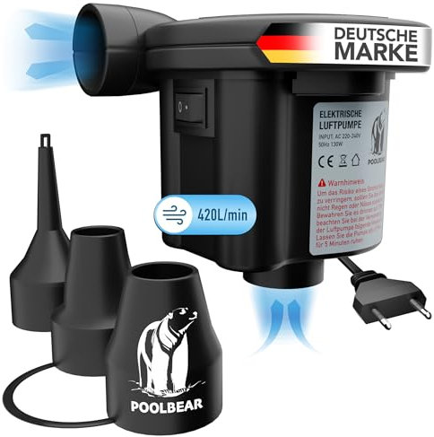PoolBear | Pompa ad aria elettrica 2 in 1 | Pompe ad aria elettrica per piscina, materasso ad aria, gommone e piscina | Pompa ad aria elettrica con 3 accessori
