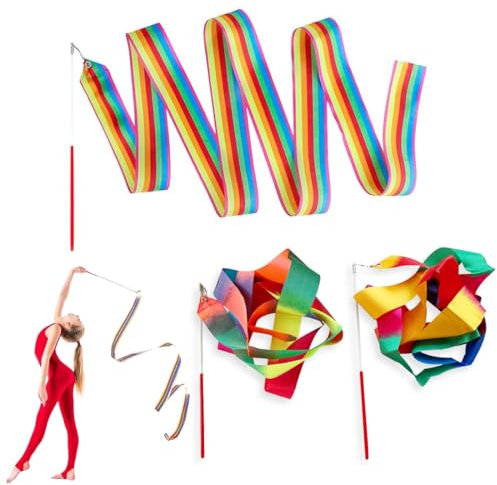 LAKJUOZ Bänder Für Gymnastik Tanzband Mit Stab Kinder 4M Glitter Und Gradient Multi-Colored Tanzbänder Für Kinder Mädchen Künstlerisches Tanzen Training Geburtstag Gastgeschenke 3 Stück