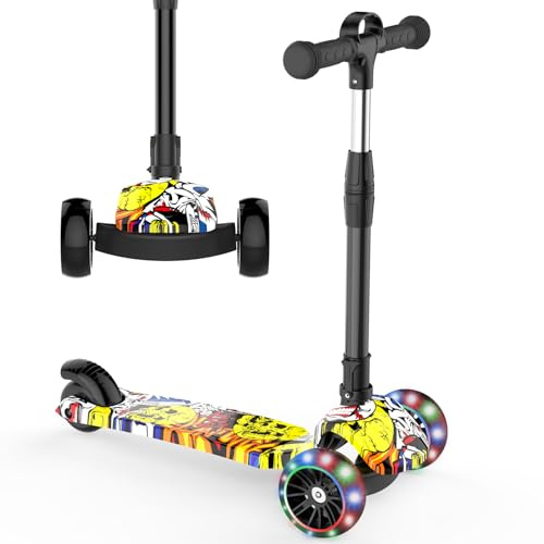 Kids Scooter, 3 Wheel Scooters Folding Kick Scooter for Toddlers with LED Flashing Wheels 4 Height Adjustable Lean to Steer Non-slip Deck Lightweight Children's Scooter for Boys Girls Ages 4-7