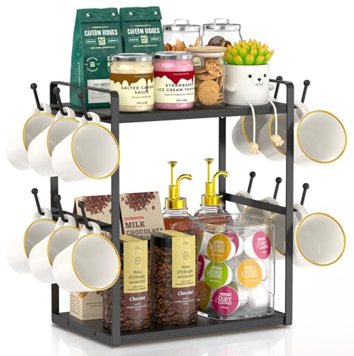 EsLuker.ly Coffee Station Bar Organizer Mug Holder Stand Countertop | 2 Tier Mug Cup Tree Rack for Kitchen Office, Storage Shelf with 12 Hooks, Creat Stylish Coffee Corner, Black