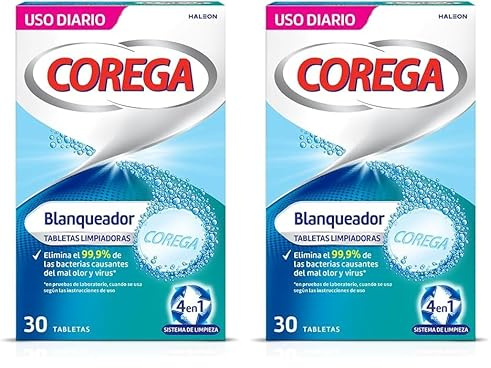 Corega Blanqueador Tabletas Limpiadoras Para Prótesis Dentales, Elimina las Manchas, Uso Diario, 30 Tabletas (Paquete de 2)