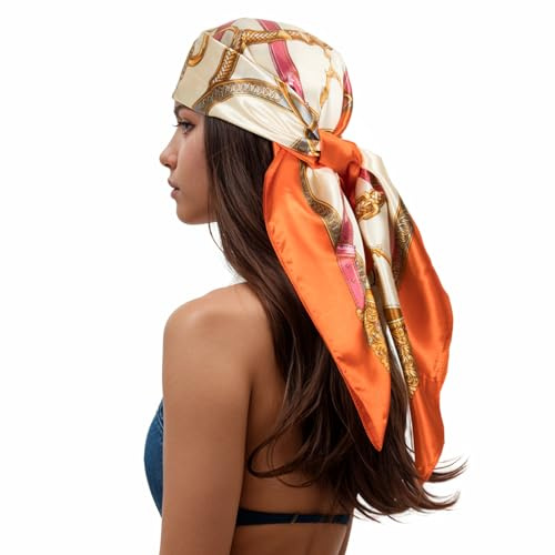 RIIQIICHY Head Hair Scarf for Women Like Silk Satin Large Square Printed Bandanas 35 Inch