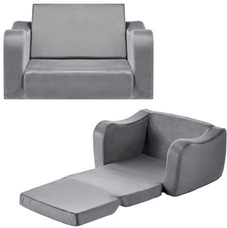 VEVOR 2-in-1 Kids Sofa, Foldable Toddler Couch with Armrests, Made of 28D Sponge & Short Pile, Convertible Toddler Chair to Lounger, Kid Couch Fold Out for Fun Playtime or Comfy Lounging, Grey