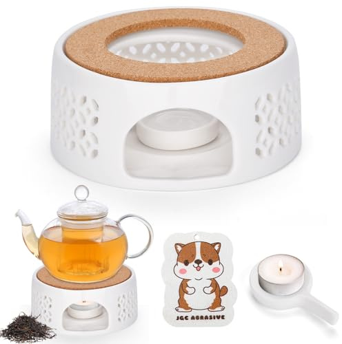 ZUSUZU Stövchen für Teekanne,Teewärmer aus Keramik mit Teelichthalter und Reinigungsschwamm,Hohl Geschnitztes Design,Teestövchen mit Korkmatte,Teekannenwärmer für Wärmeerhaltung von Tee Kaffee Milch