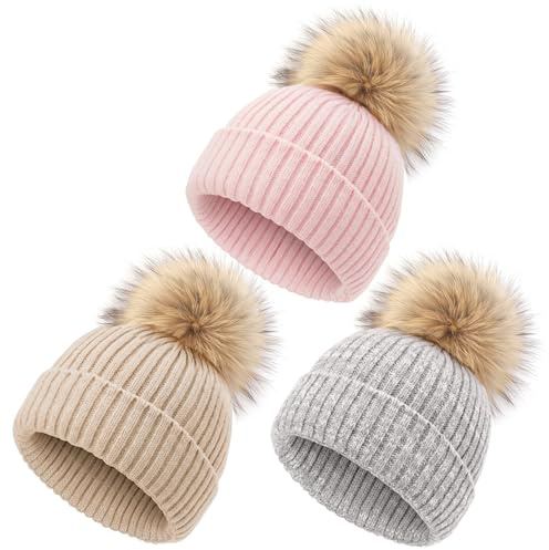 DRESHOW Gorro Bebe Invierno Gorro Lana Niño Sombreros Unisex de Punto Suave para Niños y Niñas con Pompón Bonito Gorros Cálidos para Niños de 0-36 Meses