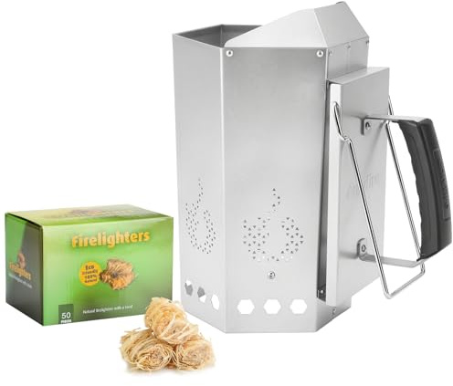 Onlyfire Ciminiera Accenditore con 50 Accendifuoco Ecologico, Starter per Camini da Barbecue con Maniglia di Sicurezza Isolata Termicamente, Accenditore Rapido per Barbecue a Carbonella