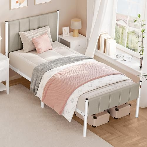 VASAGLE Cadre de Lit Simple, 90 x 190 cm, avec Tête de Lit Rembourrée, en Acier, Supporte Jusqu'à 250 kg, Montage Facile, Beige Cappuccino RMB971LH01