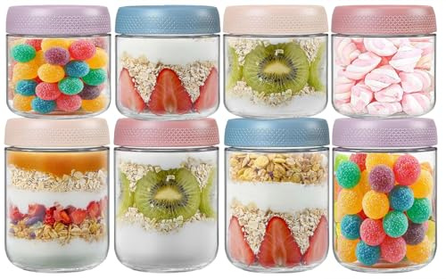 TempFoo Overnight Oats Jar Container set 8, Glass Mason Jars with Lids | 4 480ml and 4 360ml Cereal Milk Vegetable Fruit Salad Jam Protein Porridge Clear Storage Containers, Breakfast Pots with Lid
