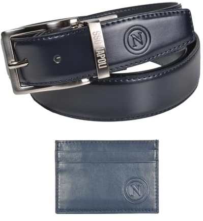 SSC Napoli Set Regalo Ufficiale, Cintura in Pelle e Porta Carte di Credito, Blu Navy, Confezione Regalo
