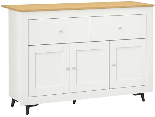 HOMCOM Credenza Cucina Buffet Moderna con 2 Cassetti e 3 Ante Soft Close, Mobile Cucina con Ripiano Regolabile, Madia Cucina per Soggiorno e Ingresso in Legno, 117x35x80 cm, Bianco