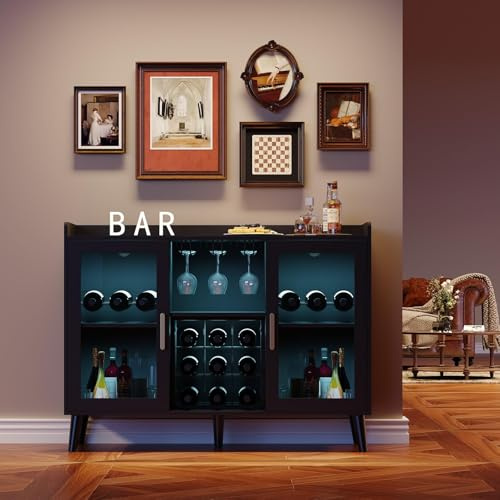 Hodeffior Armarios para Vino con iluminación LED, Armario de Bar con Botellero Extraíble y 9 Soportes de Cristal, Armario de Vino con 2 Puertas para Bares, Salón, Cocina, Entrada 120 x 40 x 90 cm