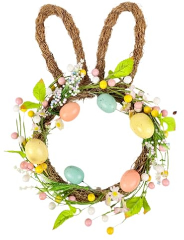 Ghirlande con coniglietti di Pasqua, 35 cm, forma di uovo pasquale, ghirlanda primaverile per la porta, ghirlanda artificiale, decorazioni, ghirlande colorate con uova e orecchie di coniglio per
