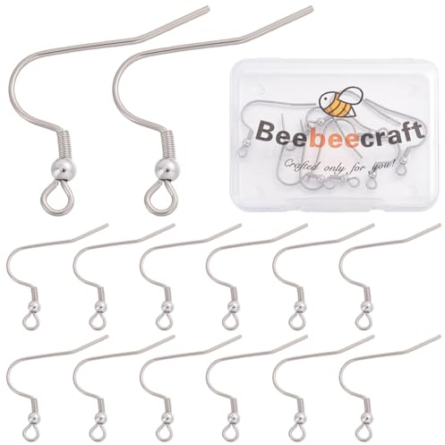 Beebeecraft 1 låda 12 st Titansten örhängeskrokar, hypoallergena metalliska fiskkrokar örhängestrådar med fjäderkula prick fransk tråd örhängeskrokar silver öronfynd för smyckestillverkning
