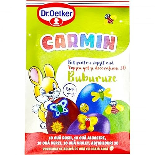 Dr. Oetker Kit para colorear huevos de Pascua, 4 colores en gel, rojo, verde, morado y azul, mariquitas 3D, para 40 huevos con guantes y pegatinas