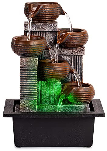 Father'sDen Collection Indoor Fountains and Waterfalls from 5-Tiered Pots-12”H Tabletop Water Fountain-Desk Fountain-Office Decor with Audible Calming Waterfall Sounds-Zen Fountain with Color Lights