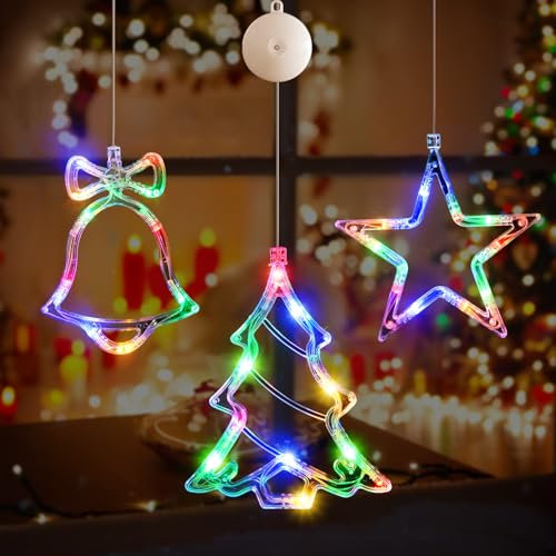 LYUBASA [Timer] 3Pcs Christmas Window Lights Decorations, Battery Powered Multicolor LED Sucker for Xmas Tree Fireplace Indoor Decor