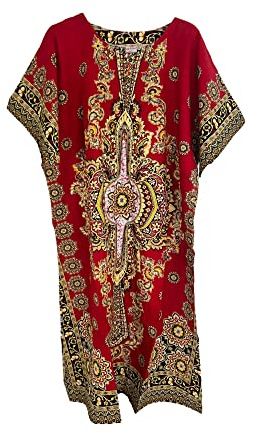 New Womens 100% Cotton Long Kaftan Dress Summer Dashiki African Print One Size Loose Baggy Style Beach Cover (Red)