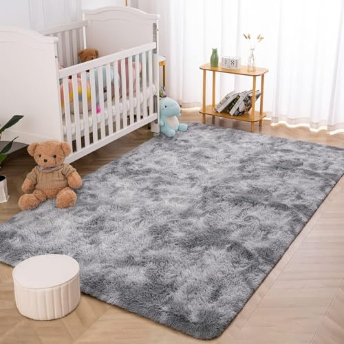 Tinyboy-hbq Teppiche Flausching Wohnzimmer Teppiche Shaggy Teppich Schlafzimmer Teppich Waschbarer Weiche Bequeme ​für Wohnkultur (Grau Weiß, 80 x 120 cm)
