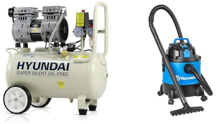 Hyundai HY7524 24 Litre Air Compressor, 5.2cfm/100psi, Silenced & Vacmaster Multi 20 PTO Wet & Dry Vacuum Cleaner, 20 Litre, 1250W Motor