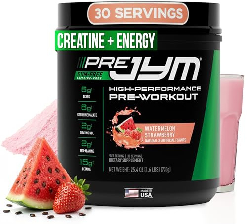 Pre JYM Stim Free Watermelon Strawberry Pre-Workout Powder, Creatine, No Caffeine, Citrulline, Betaine, BCAA's, Taurine, Alpha-GPC, Huperzine, 30 Servings