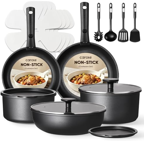 CAROTE Ensemble de 19 pièces de casseroles et poêles antiadhésives, ensemble de ustensiles de cuisine avec poignée détachable, ustensiles de cuisine antiadhésifs à induction avec poignée amovible