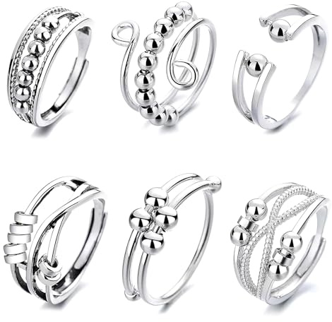 6PCS Anxiety Rings for Women Girls Silver Fidget Ring Stress Reliever Ring Adjustable Open Spinner Bead Anxiety Rings, Autism Sensory Anxiety Reliever Jewelry, Gifts for Mum Girlfriend Daughter