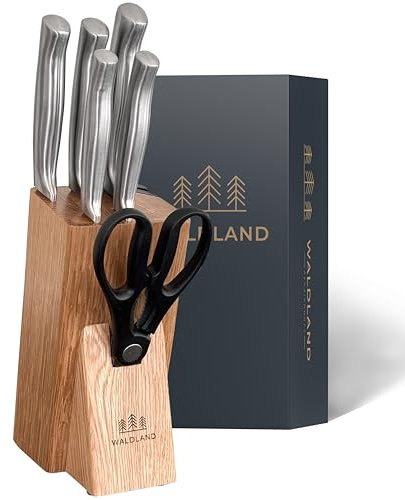 WALDLAND Premium Messerblock mit Messer – 7 teiliges Messerset I Messerblock mit Küchenmesser Set und integriertem Messerschärfer I robustes Eichenholz I Messer Set I Knife Set