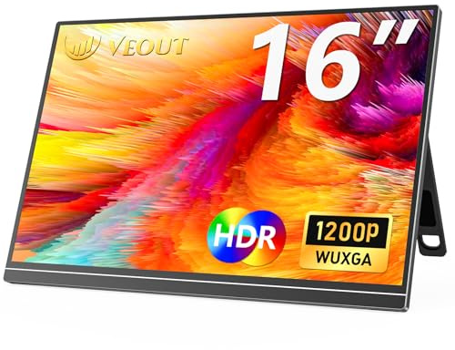 Veout Monitor Portátil de 16 Pulgadas, 1920 * 1200P 2K Monitor IPS Gaming para Ordenador Portátil/PC/Mac/PS5/Xbox con USB-C y HDMI, Pantalla Ultradelgada con Soporte, 16:10, 300 CD/m² de Brillo