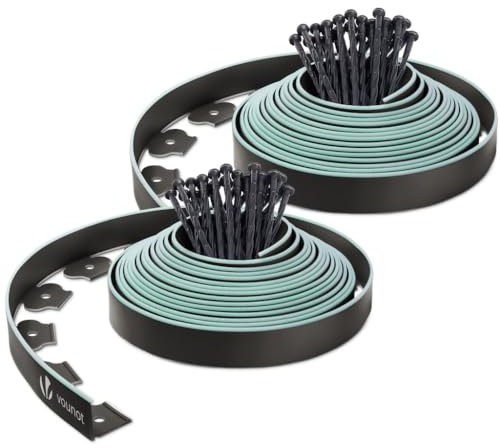 VOUNOT® Plastic Lawn Edging Border with 60 Ground Anchors, 20m Flexible Garden Edging Strip for Grass, Paths, Gravel or Flower Beds, Weatherproof Landscape Border, 5cm High, Black & Green Outline Edge