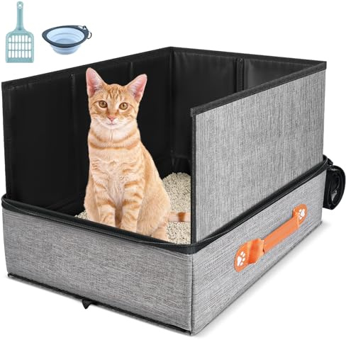 17.7''x 13.5''x 13.7 Travel Litter Box for Cats, Collapsible & Portable Cat Litter Box with Removable Shield & Leak-Proof Hard Bottom, Includes Travel Accessories, Ideal for Car, Hotel, Airplane