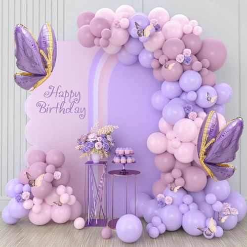 Kit Arco Palloncini Lilla, 133pcs Palloncini Compleanno Viola con Palloncini Rosa Pastello e Palloncini Farfalla, Ghirlanda Palloncini Lilla per Battesimo Bimba, Matrimonio, Compleanno, Baby Shower