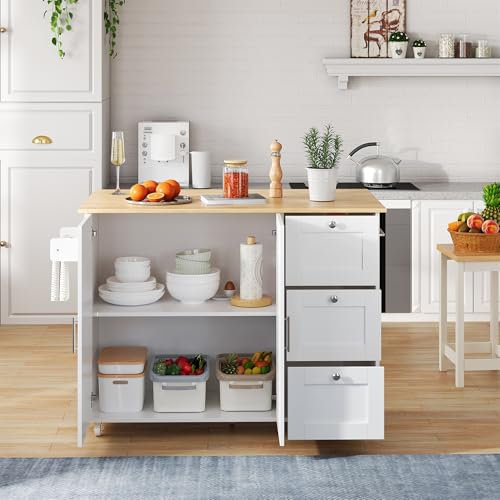 L135*B44(70)*H90cm Mesa de cocina móvil grande, encimera de madera de roble, diseño plegable, armario multifuncional, 3 cajones, toallero, adecuado para cocina, comedor, casa (blanco)