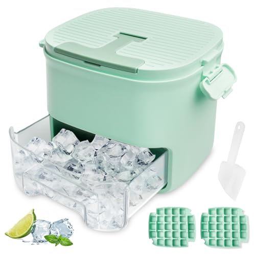 Bac à Glaçons avec Couvercle - Double Compartiment pour 52 Glaçons, Seau à Glace et Pelle - en Polypropylène de Qualité Alimentaire pour Congélateur (Vert)