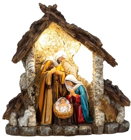 mucHome Weihnachtskrippe mit LED-Beleuchtung Holzoptik-Stall 23 cm Höhe 22 cm Breite Heilige Familie Figuren Weihnachten Dekoartikel Krippe
