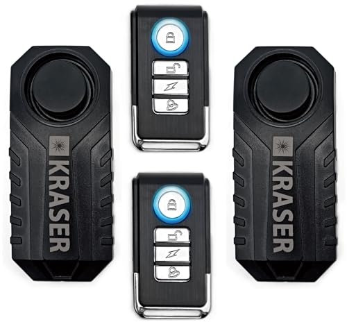 KRASER KR726P2 Lot de 2 Alarme Vélo Antivol, Télécommande, Détecteur Mouvement 7 Niveaux, 3 Tonalités, 113 DB, sans Fil, Étanche, Alarme Moto sans Installation, Anti-vol Vélo Scooter Électrique Porte