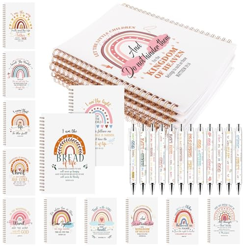 Kklolai 12 Sets Christian Gifts for Women Bible Verse Notebooks and Ballpoint Pens Rainbow Bible journals Scripture Pens Inspirational Religious Gifts for Church Sunday School Prizes Study Supplies