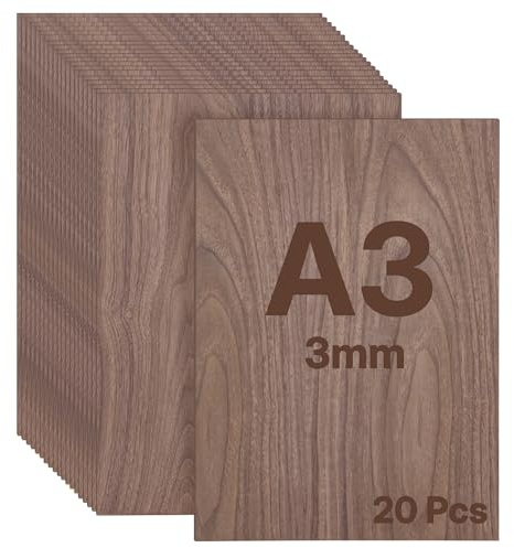 WISYOK Plywood, 3 mm, A3, 20 st, walnötsträplatta, skuren på mått, träplattor för hantverk, plywood för laserskärning, figursågning, modellbyggande, brandmålning, CNC-router