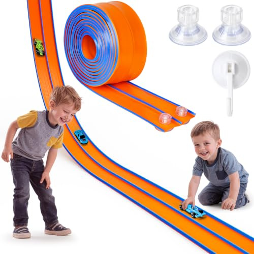 Hot Bee 14.7ft Flexible Race Track for 1:64 Diecast Cars - Soft Silicone Dual-Lane Car Track with Heavy-Duty Suction Cups, Portable DIY Wall & Window Race Ramps, Gift for Boys Kids Age 3 4 5 6 7 8
