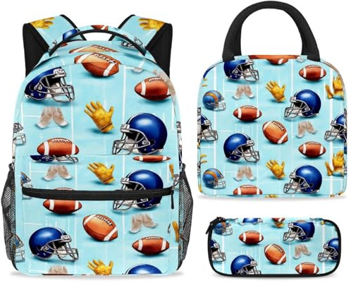 ewndhtse School Backpack Set with Lunch Bag Pencil Case, 3 Pcs School Bookbags Set Travel Rucksack Casual Daypack for Teens Girls Boys Primary Junior Middle - American Football Helmets Gloves