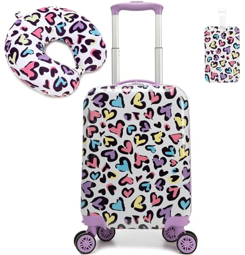 Esteemly Kid's Luggage Set 2 Piece Suitcase Set Hardside Luggage with Spinner Wheels Girls Carry on Toddler Travel Rolling Suitcase with Neck Pillow Airline Approved