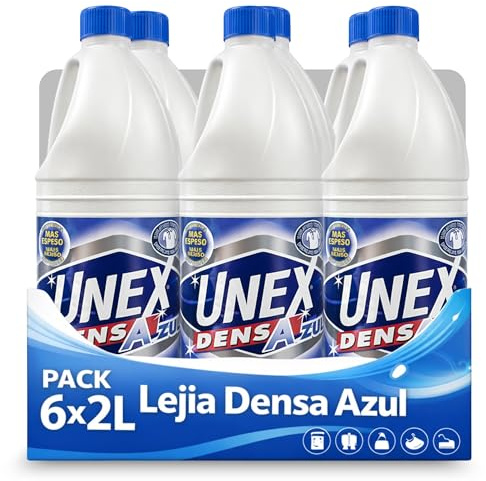 Lejía Densa Azul, ideal para blanquear y desodorizar ropa y superficies del hogar como suelos, azulejos, baños y cocinas, evitando salpicaduras y desinfectando a fondo, Contiene 6 unidades de 2 Litros