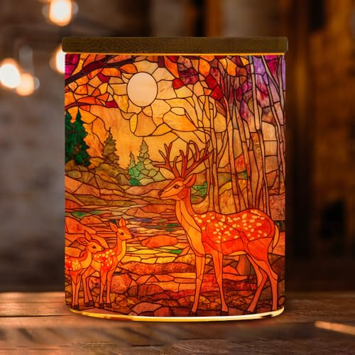 Stained Glass Tree of Life Tealight Candle Holder with Bamboo Lid, Easter Bunny Tea Light Candle Jar Tea Light Home Decoration, Birds Flowers LED Flickering Tea Light Jar (Sika Deer)