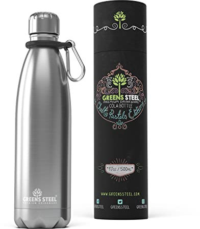 Greens Steel Stainless Steel Water Bottle - 500ml, Silver | Double Wall Vacuum Insulated Flask | Carier Holder & Gift Box Included | Reusable, Leak Proof Sports Bottle for Adults & Kids
