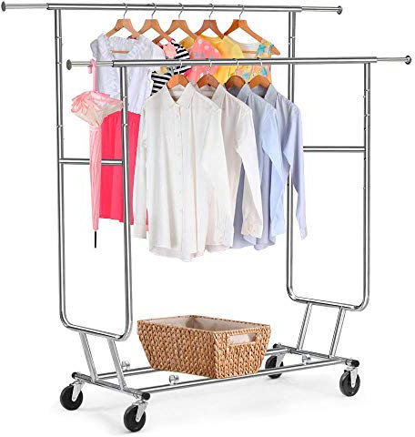 Yaheetech Kleiderständer Garderobenständer mit 2 Kleiderstange Ausziehbar Freistehender auf Rollen Höhenverstellbar Kleiderbügel bis 130 KG belastbar