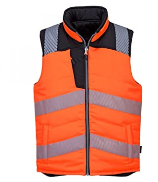 Portwest PW374 PW3 Men's Hi-Vis Reversible Bodywarmer - Reflective High Viz Outdoor Safety Security Gilet Workwear Sleeveless Vest, Orange/Black, XXL