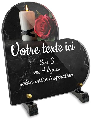 Plaque funéraire Coeur Personnalisable en plexi Motif Bougie et Rose Rouge, différentes Tailles, épaisseur 6mm, personnalisée sur Plusieurs Lignes 15x15 cm