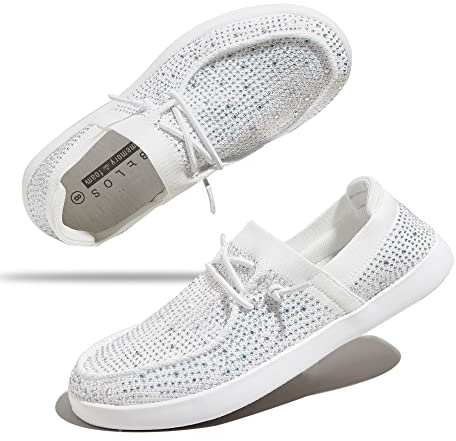 BELOS Women's Rhinestone Lace Up Loafers Shoes Comfortable Slip On Mesh Knit Walking Shoes Fashion Lightweight Sparkly Glitter Sneaker(White,10