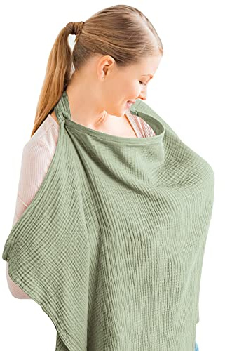 Konssy muslin amningsöverdrag för baby amning andningsbar 100% bomull amningsöverdrag med styv ring för mamma amningsförkläde multianvändning bilsäte baldakin (salvia)