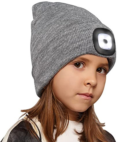 Richaa Geschenke für Kinder Weihnachten Mütze mit LED Licht Kinder Wiederaufladbar LED Strickmütze Wintermütze Grey Beanie Lustige Kleine Geschenke für Mädchen Jungen