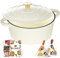 Overmont 26cm/5.2L Enamelled Cast Iron Round Casserole Pot With Lid Cookbook & Cotton Potholders - Non-stick Dutch Oven Cookware for Braising, Stews, Roasting, Bread Baking - Cream white, 5.5QT